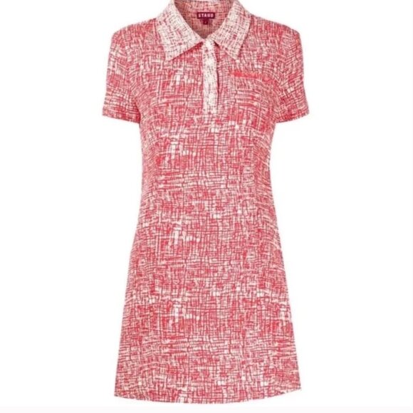 STAUD Flying Crosshatch Polo Mini Dress Red Textured Knit Collared Retro Mod 4 - Picture 3 of 11